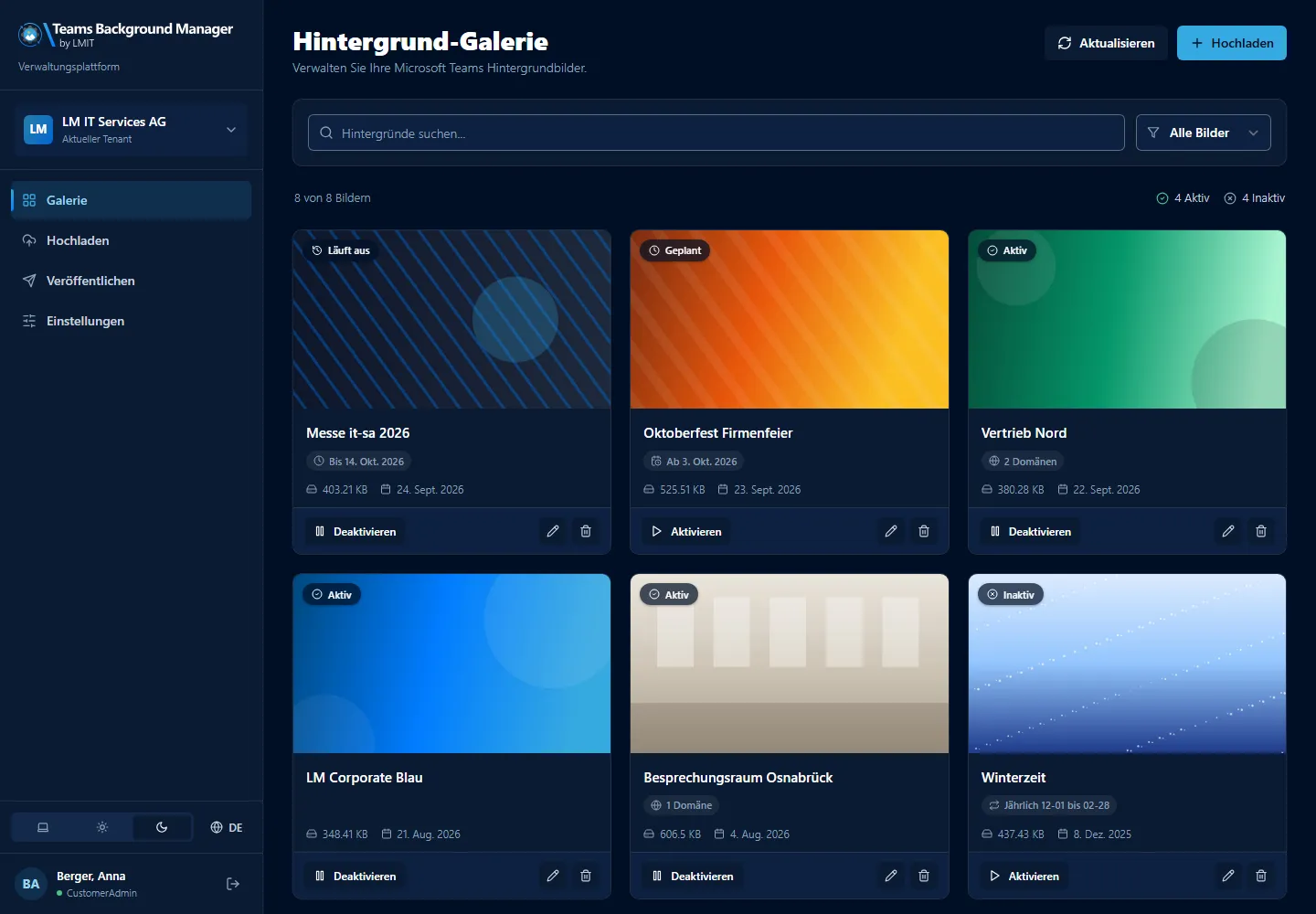 Hintergrund-Galerie im Teams Background Manager mit aktiven, geplanten und inaktiven Hintergründen
