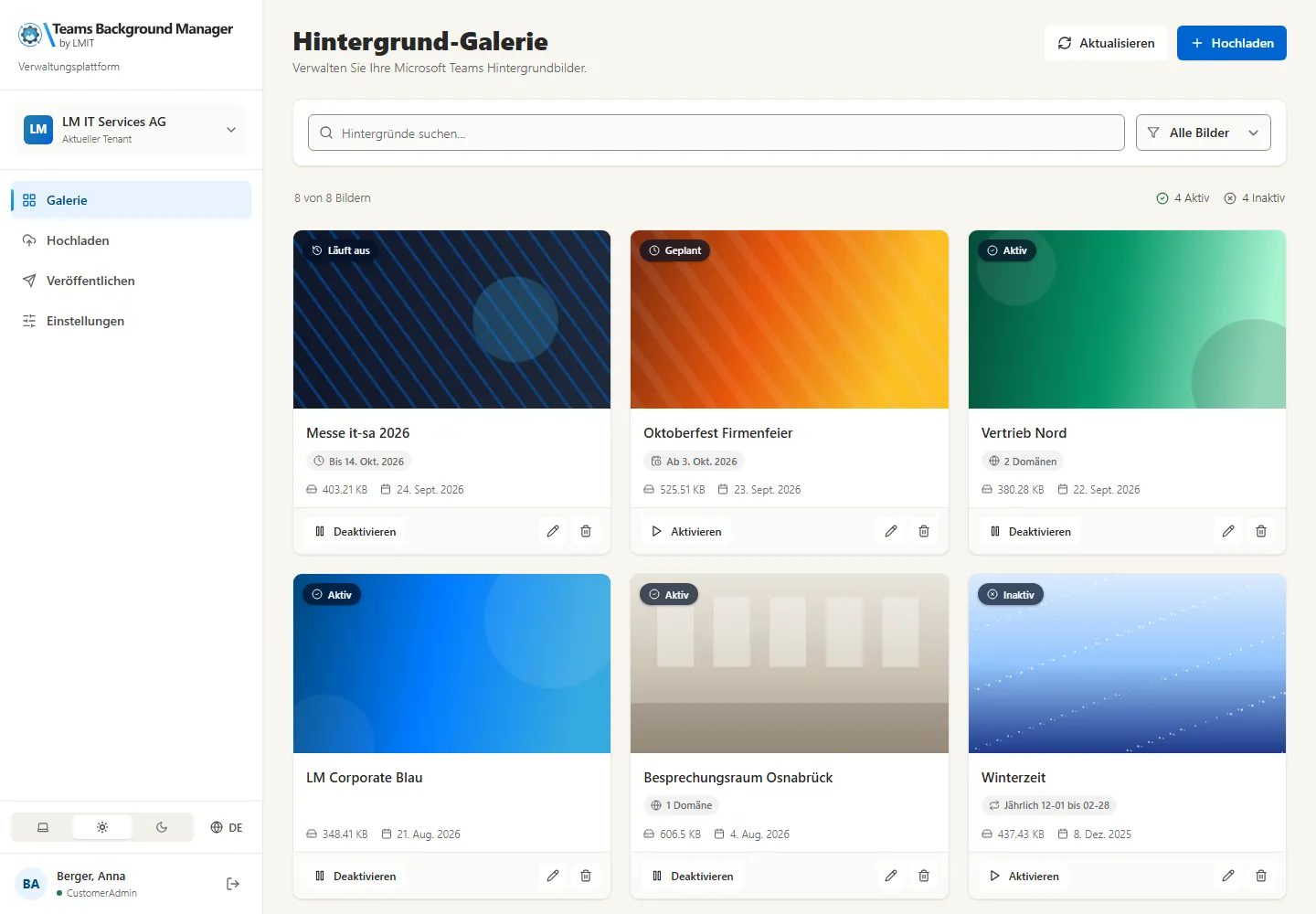 Hintergrund-Galerie im Teams Background Manager mit aktiven, geplanten und inaktiven Hintergründen