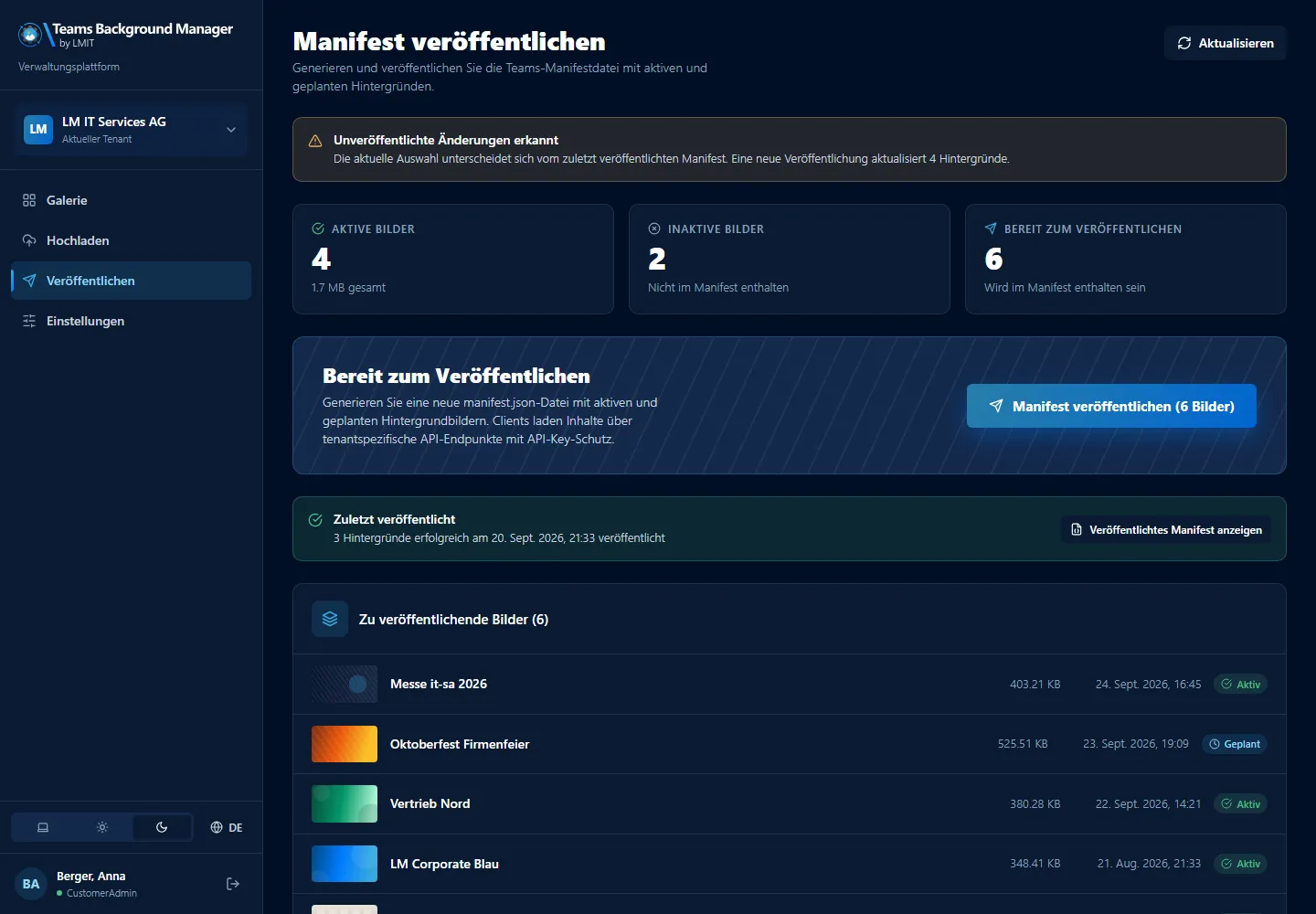 Veröffentlichungsansicht mit Kennzahlen, offenen Änderungen und der Liste der Bilder im Manifest