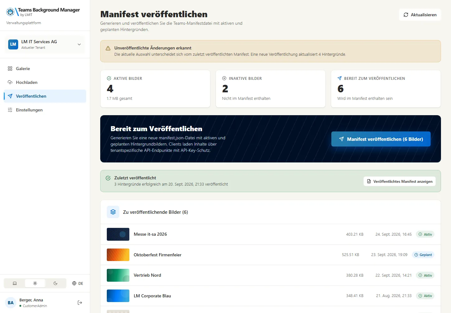Veröffentlichungsansicht mit Kennzahlen, offenen Änderungen und der Liste der Bilder im Manifest